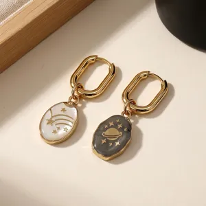 Chic asymmetric star planet earrings with gold hoop and natural shell stone pendants for women
