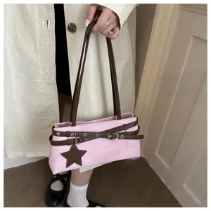 Chic pink shoulder bag for women, featuring brown straps, buckles and cute star pendant style.