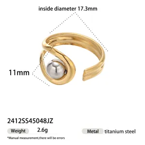 Zweifarbiges Titanstahl Offener Ring mit Kugel Design, moderner minimalistischer Stil Schmuck.