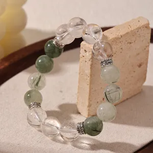 Natural green rutilated quartz white crystal beaded bracelet detail shot for women