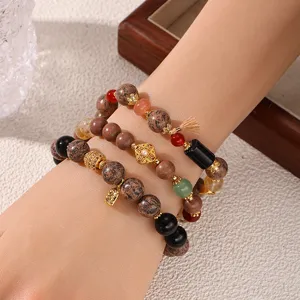 New Chinese style natural stone beaded bracelet with agate, obsidian and crystal for women.