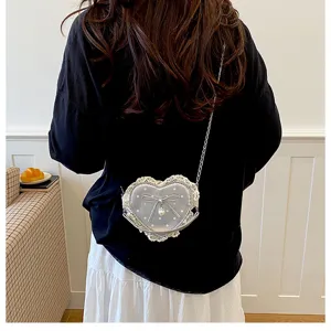 Korean style polka dot heart shoulder bag with bow lace and pearl pendant for sweet girls