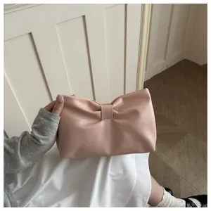 Détails du sac pochette plissé rose nœud nuage, sac à main de soirée élégant pour femmes.