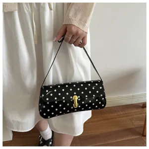 Chic Women Black White Polka Dot Patent Leather Shoulder Bag Trendy Commute Baguette Handbag