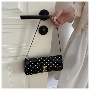 Black white polka dot patent leather shoulder bag stylish baguette purse for women commute daily