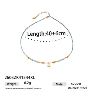 Stainless steel natural stone beaded necklace with cute heart pendant, 40+6cm length.