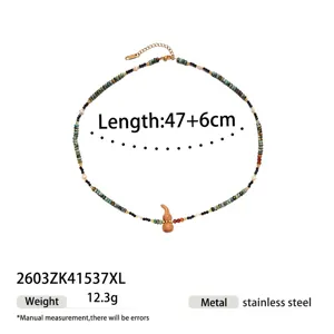 Stainless steel natural stone beaded necklace with cute wooden gourd pendant for women.