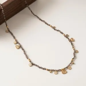 Beaded clavicle necklace with gold tone coin pendants for women minimalist design