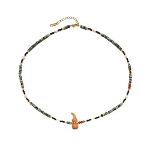 Stainless Steel Natural Stone Beaded Pendant Necklace Fashion Heart Gourd Wood Pearl Clasp Choker Chain Jewelry For Women