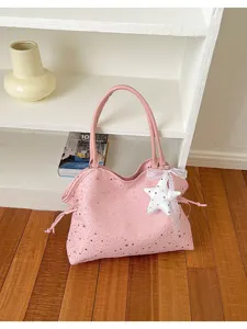 Pink rhinestone star tote bag with cute lace star pendant, large capacity casual shoulder bag.