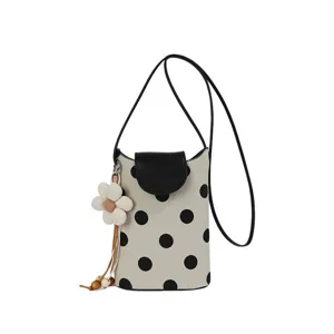 Sac bandoulière élégant pour téléphone portable à pois noirs, en toile avec charm marguerite.