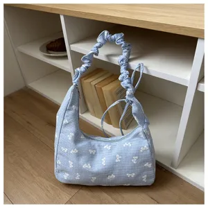 Korean style blue white plaid shoulder bag with cute bow embroidery and ruffles chic aesthetic