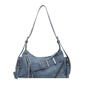 Retro motorcycle shoulder bag for women, vintage punk style hobo handbag with metal buckles.