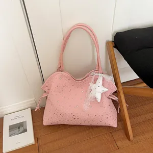 Pink star print tote bag for women, large capacity shoulder handbag with cute lace star pendant.