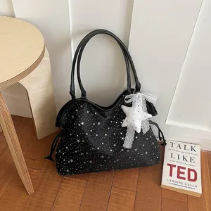 Black star rhinestone tote bag large capacity shoulder handbag with lace bow pendant