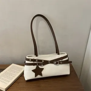 Minimalist casual women shoulder bag, chic white and brown underarm bag with star pendant.