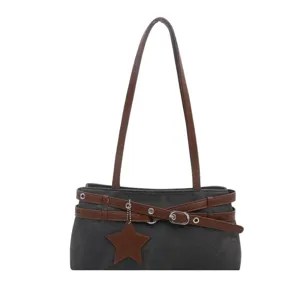 Stylish women's casual shoulder messenger bag with brown straps and star pendant charm.