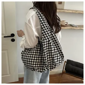 Korean retro black and white gingham shoulder bag large capacity casual daily tote handbag