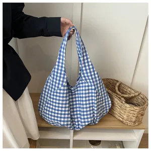 Blue and white checkered hobo bag, large capacity casual shoulder tote for daily shopping use.