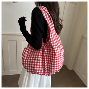 Korean retro red and white plaid canvas shoulder bag, stylish casual large capacity tote bag.