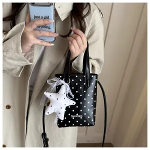 Mini bolso cruzado negro de lunares con colgante de estrella, elegante bolso de teléfono casual.