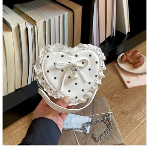 Korean style white heart-shaped shoulder bag detail featuring black polka dots and delicate lace.
