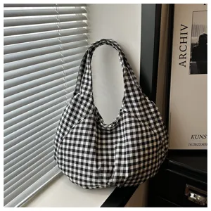 Retro black and white gingham shoulder bag, casual large capacity underarm handbag for daily wear.