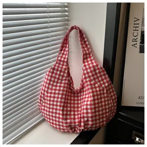 Korean vintage red white gingham tote bag large capacity casual shoulder shopping bag