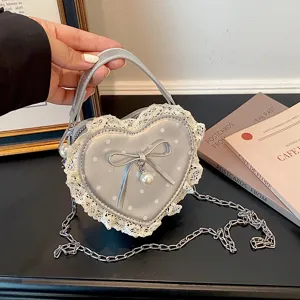Korean style polka dot heart children shoulder bag cute lace bow messenger handbag for girls