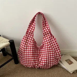 Korean retro red white checkered tote bag, large capacity canvas shoulder shopping handbag.