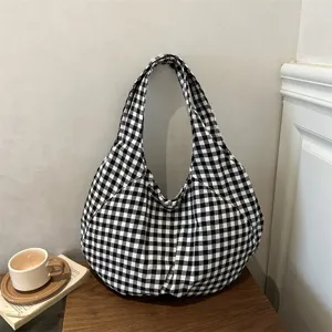 Vintage black and white gingham hobo tote bag, large capacity casual shoulder shopping bag.