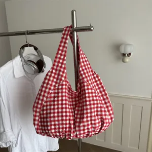 Korean vintage red and white gingham shoulder bag, casual large capacity hobo tote.