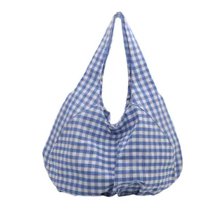 Casual blue and white gingham shoulder bag for women, cute plaid hobo tote handbag.