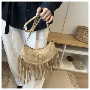 Brown suede fringe crossbody bag, retro bohemian shoulder handbag for women daily chic style.