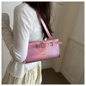 Pink holographic shoulder bag for women, trendy underarm bag with belt buckle design.