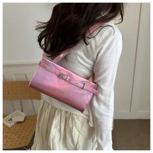 Stylish pink glossy shoulder bag underarm bag detail view, casual trendy design for women.