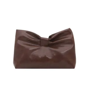 Stylish brown bow clutch bag for women, elegant ruched design for daily commute and party.
