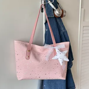 Rosa Stern Print Damen Shopper, grosse Kapazitaet laessige Schultertasche mit Anhaenger.