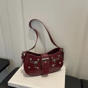 Borsa Sottospalla in Pelle PU Stile Francese Borsa a Spalla con Rivetti Vintage Classica Borsa a Mano Mezzaluna Tinta Unita da Donna
