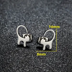 Stainless steel cute cat stud earrings with dimension markings, minimalist jewelry.