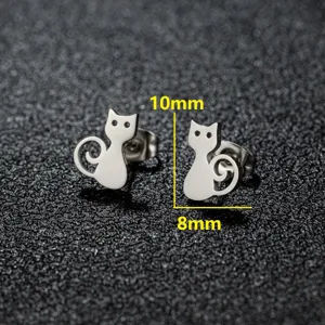 Detailed close-up of cute cat stainless steel stud earrings with dimension markings.