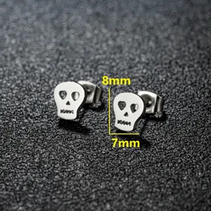 Stainless steel cute skull stud earrings detail view, ideal for Halloween daily wear.