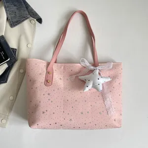 Rosa Sternenmuster Shopper Tasche Lässig Große Kapazität PU Leder Umhängetasche Mode Damen