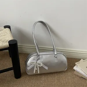Silver metallic shoulder bag women fashion top handle purse stylish handbag with pearl bow