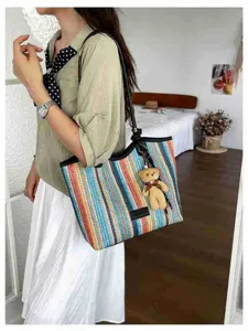 Chic colorful straw tote bag for women, large capacity shoulder bag for summer beach and daily commute.