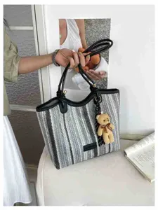 Striped Woven Tote Bag Large Capacity Casual Shoulder Bag Summer Beach Vacation Handbag
