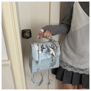 Preppy style polka dot mini backpack with star pendant and patches for daily casual wear.