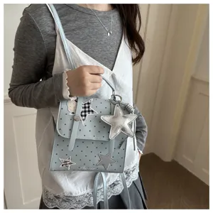 College style women backpack light blue polka dot bag with star pendants cute daily daypack.