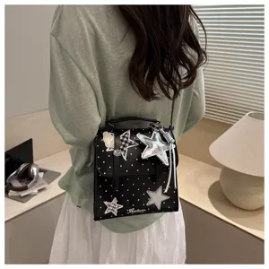 Preppy style black polka dot backpack with star patches and multi-functional daily casual bag