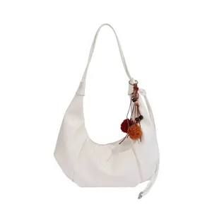 White pleat dumpling shoulder bag, casual soft PU leather crossbody handbag with cute pom-poms.